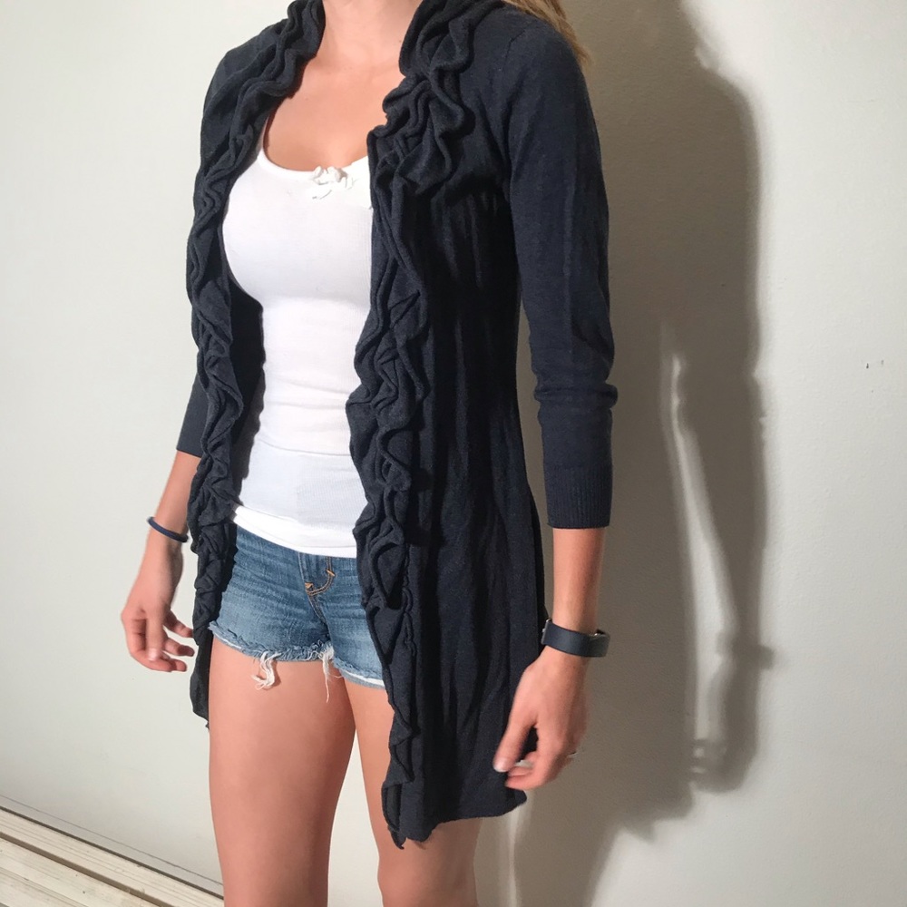 3/4 Sleeve Navy Ruffle Cardigan - Picture 2 of 8